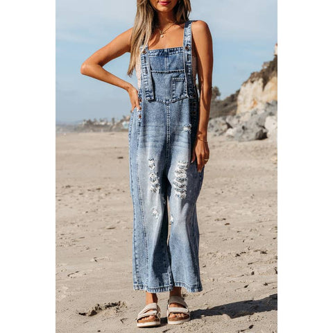 Blue Distressed Bib Pocket Wide Leg Denim Overall