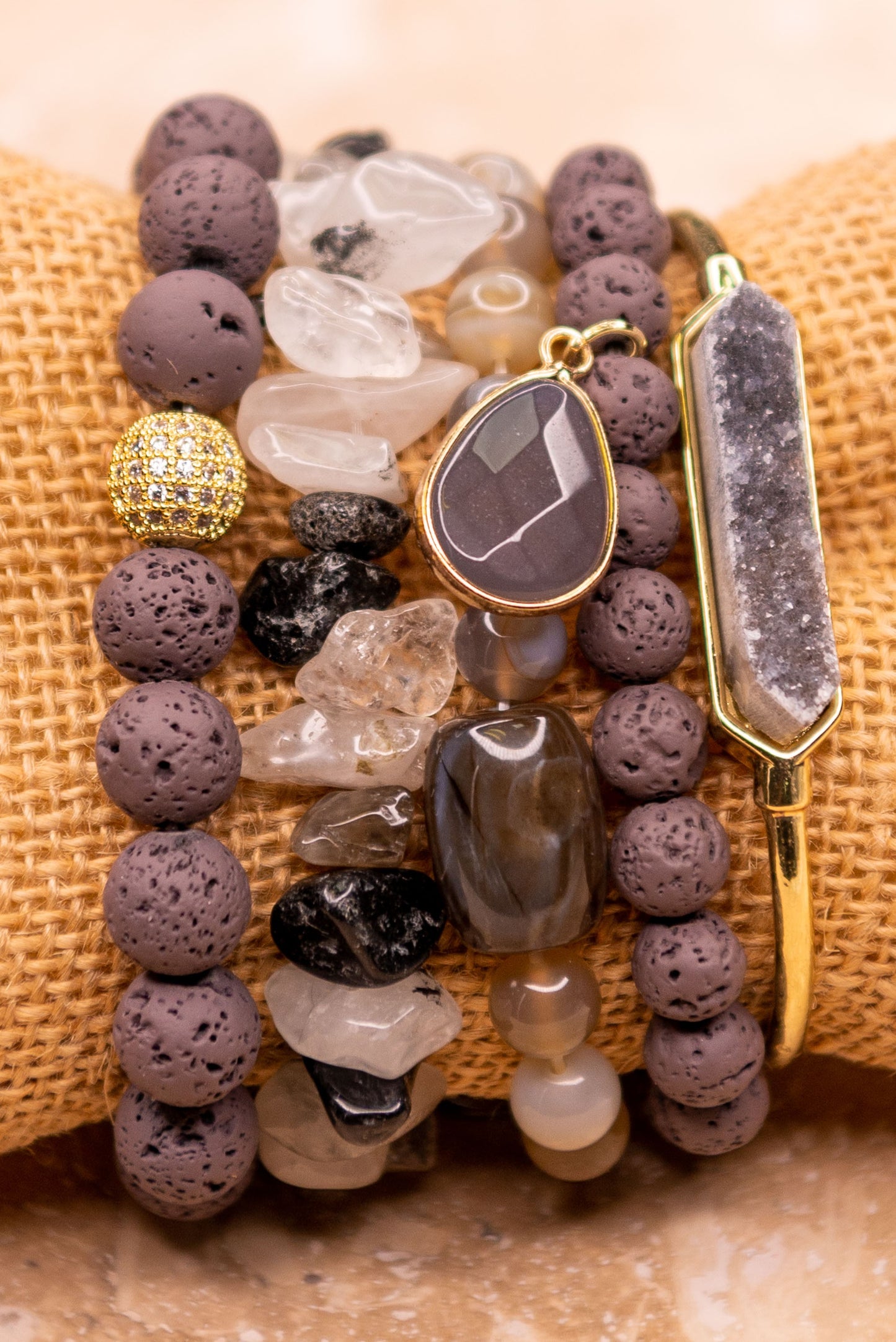 Smokey rock set w/ Gold crystal cuff