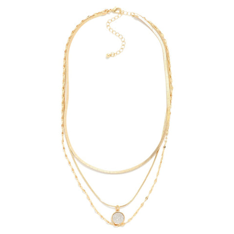 Gold layered multi chain necklace w/ druzy pendant
