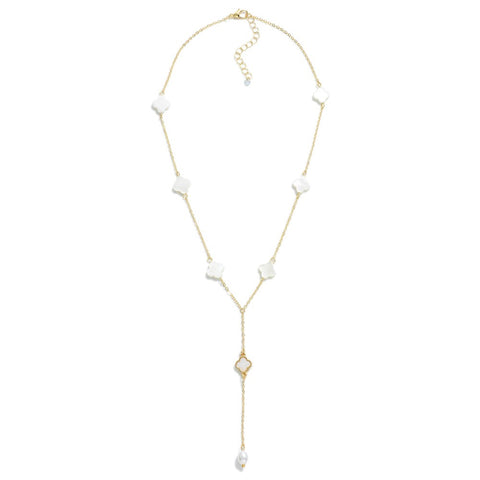 Dainty Chain Link Necklace Featuring Pearlescent Clover Stations and Linked Pearl and Clover Tassel