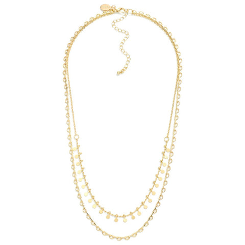 Layered Chain Link Necklace Featuring Metal Stud Tassels- Gold