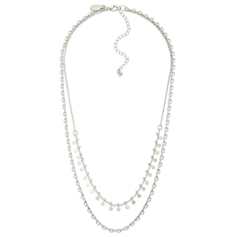 Layered Chain Link Necklace Featuring Metal Stud Tassels- Silver