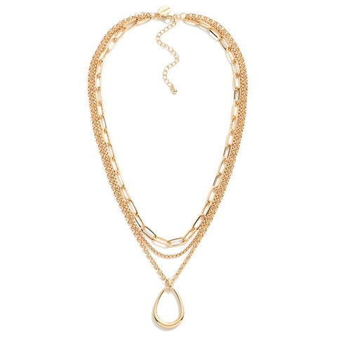 Layered chain link necklace w/ teardrop pendant - Gold