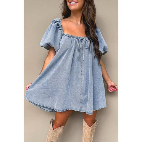 Denim Bubble Sleeve Babydoll Dress