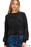 Chenille Round neck crop sweater- Black