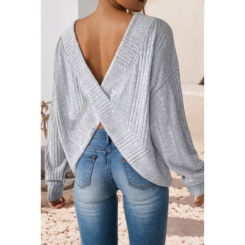 Textured Crossover Backless Knit Long Sleeve Top