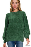 Round Neck Balloon Sleeve sweater- Dark Green