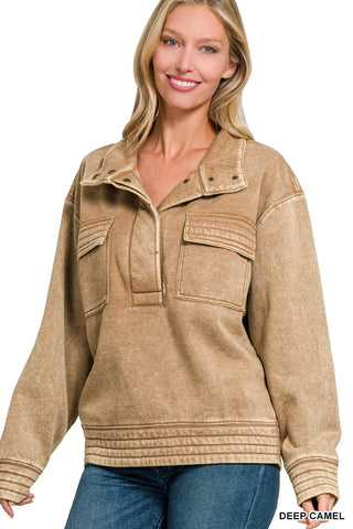 ACID WASHED HALF SNAP BUTTON FRONT FLEECE TOP - Deep Camel