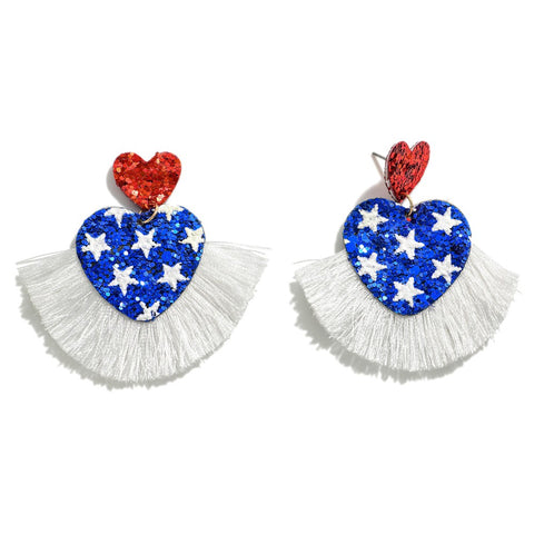 Americana Glitter heart earrings w/ tassel
