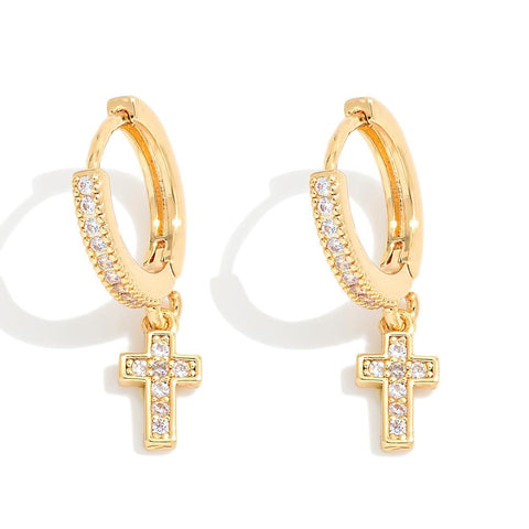 Huggie earrings with cross charm- Gold