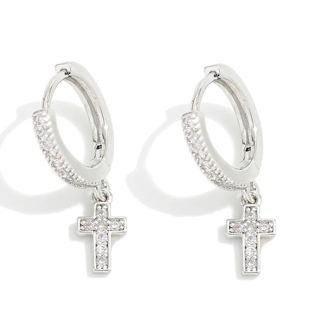 Huggie earrings with cross charm- Silver