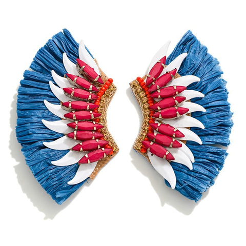 Americana Raffia feather earrings w/ stone details