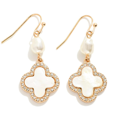 Pearlescent Clover Drop Earrings Featuring Linked Pearl Rhinestone Details- Gold