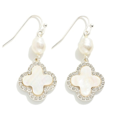 Pearlescent Clover Drop Earrings Featuring Linked Pearl Rhinestone Details- Silver