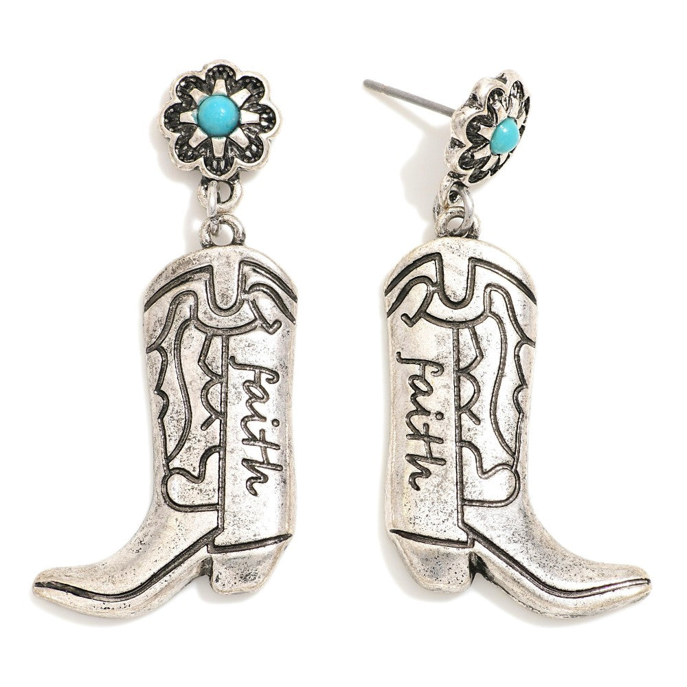 "Faith" Cowboy boot earring w/ turquoise flower