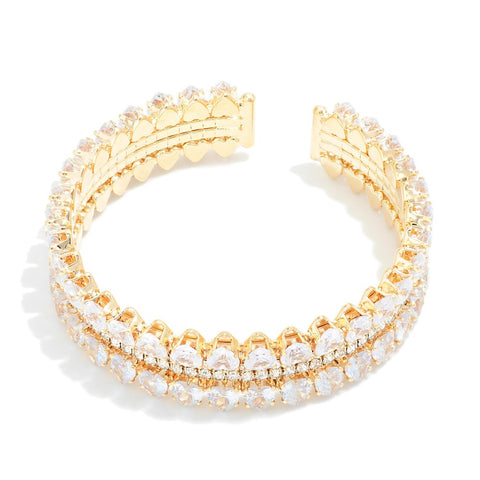 Cubic Zirconia Heart Studded Cuff Bracelet- gold