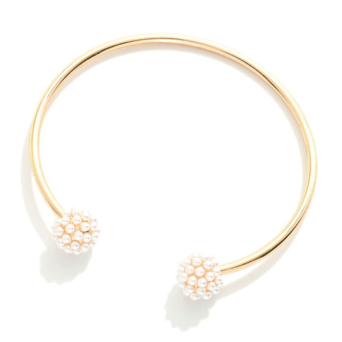 Gold Metal Cuff Bracelet W/ Pearl Cluster End Caps