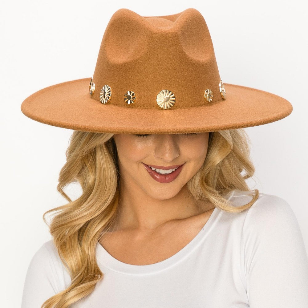 Felt Wide Brim Hat w/ metal accents - Carmel