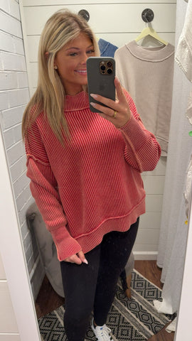 Washed side slit oversized sweater- Dark Red