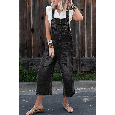 Black Distressed Bib Pocket Wide Leg Denim Overall