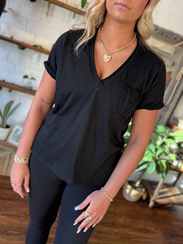 Black V-Neck Short Sleeve Top