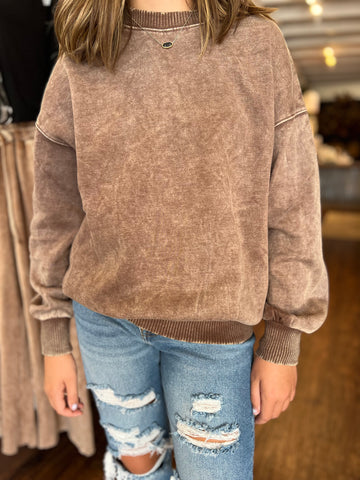 ACID WASH FLEECE OVERSIZED PULLOVER -Mocha