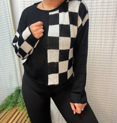 Color block checkered knit sweater