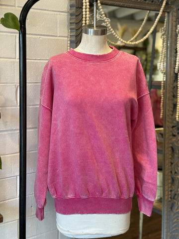 Acid Washed Oversized Pullover - Hot Pink