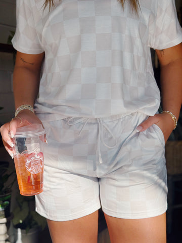 Checkered V Neck Tee and Drawstring Shorts Lounge Set