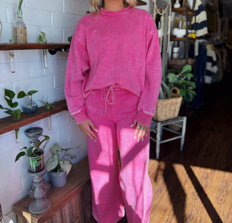 Acid Washed Oversized Pullover - Hot Pink