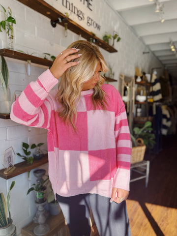 Checkered Colorblock Stripe Loose Sweater