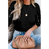 Rhinestone Pearl Puff Half Sleeve Top -Black