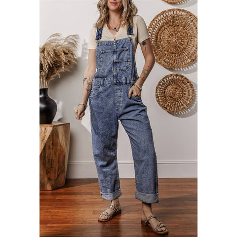 Pocketed Straight Leg High Waist Denim Jumpsuit