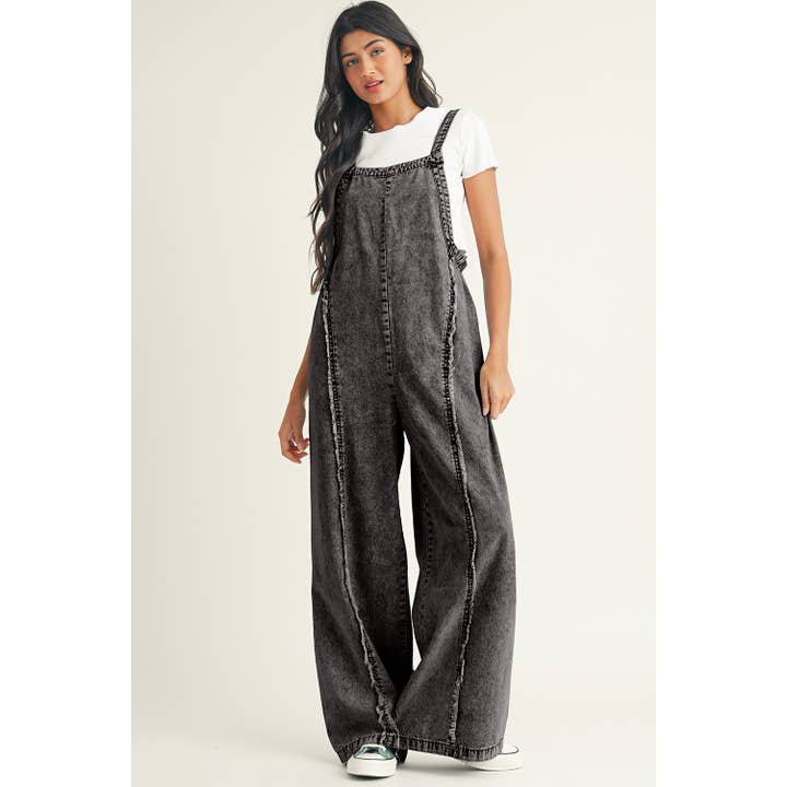 Dark Grey Light Wash Frayed Exposed Seam Wide Leg Denim Overall