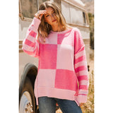 Checkered Colorblock Stripe Loose Sweater