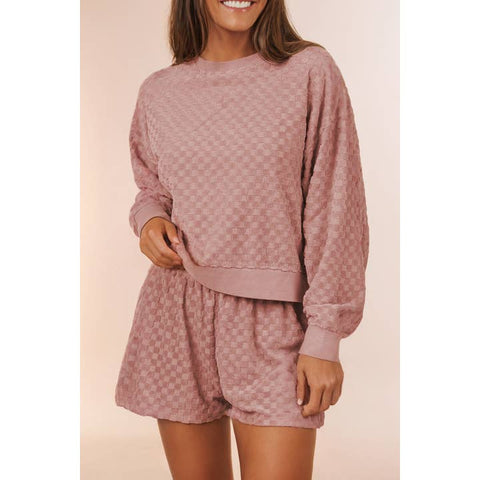 Checkered Textured Long Sleeve Top and Shorts Set