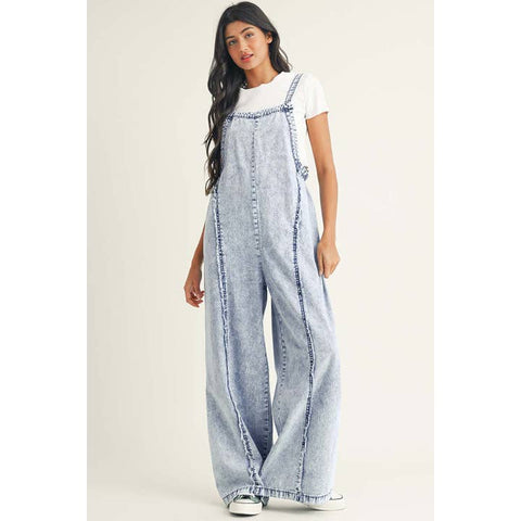 Light Wash Frayed Exposed Seam Wide Leg Denim Overall